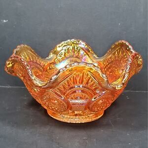 Vtg Iridescent Marigold Carnival Glass Bowl Crimped Ruffled Diamond 5.5"